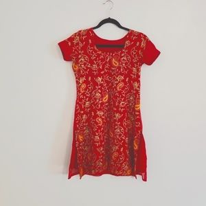 Handmade red paisley embroidered tunic mini dress